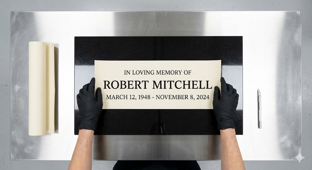 Craftsman placing sandblasting stencil on polished black granite memorial